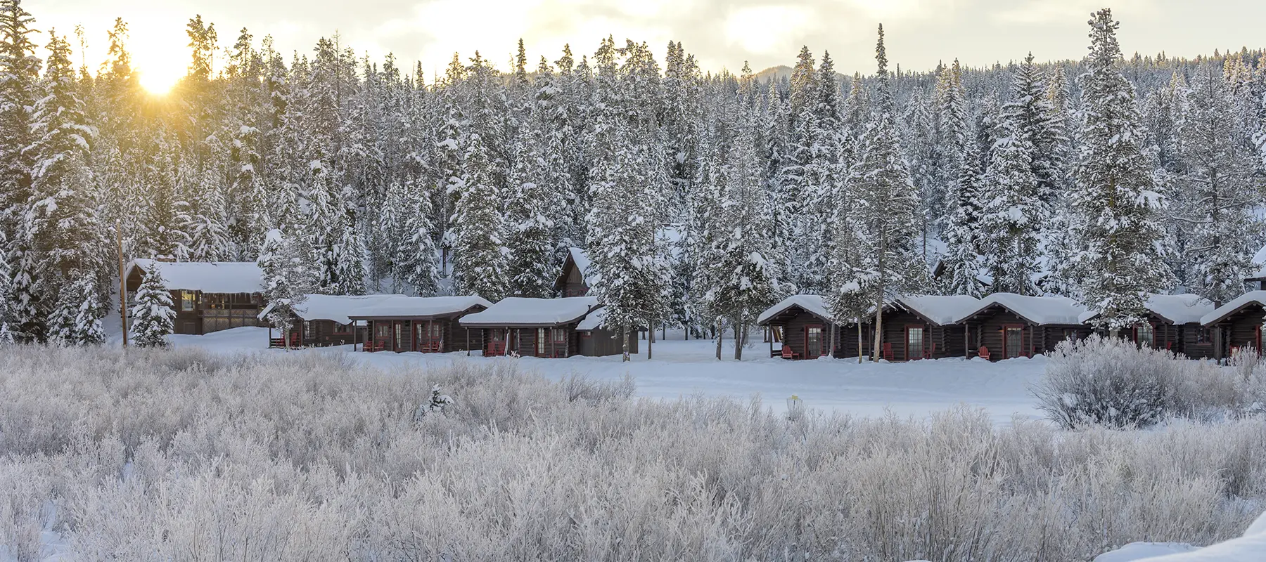 Snowy cabins at Turpin Meadow Ranch in winter